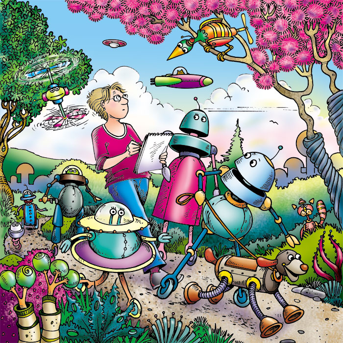 Lynn visits the world of Alottabotz and draws what she sees.