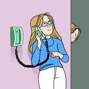 Elizabeth talks on the phone while Elly eavesdrops