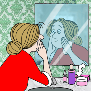 Elly checking out signs of aging in the mirror