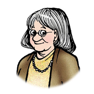 Iris, an elderly white woman with short grey hair and glasses.