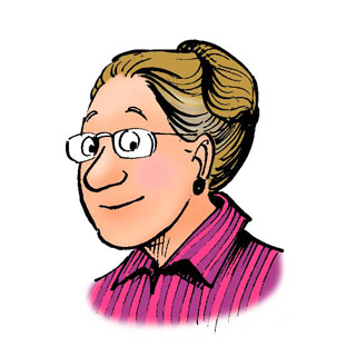 Marian, an older woman with her hair in a bun and glasses.