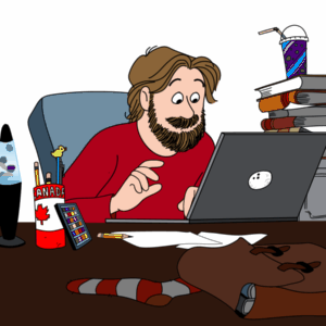 Michael types on his laptop