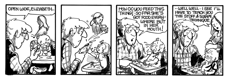 John tries to feed Lizzie but keeps missing her mouth.