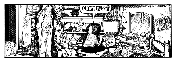 Michael asks what mess Elly is talking about, in his messy room.