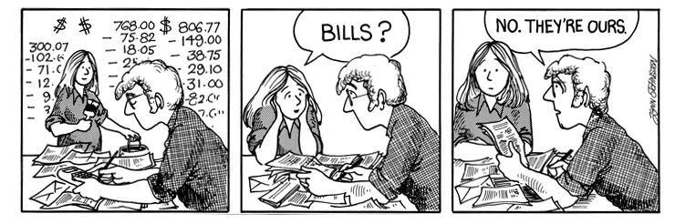 John is doing paperwork. Elly asks if they're bills and John says no, they're ours.