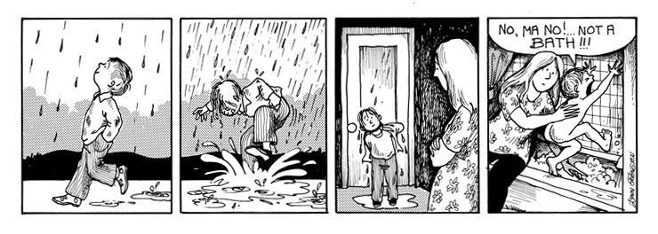 Michael happily plays in the rain, but doesn't want a bath.