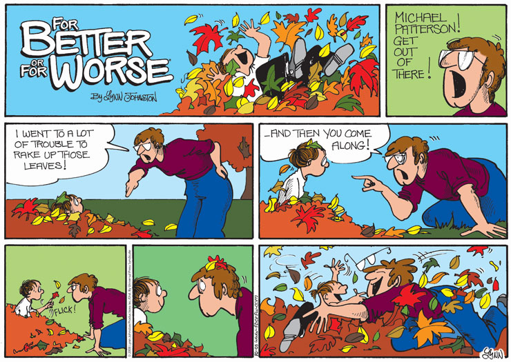 Michael messes up John's leaf pile.