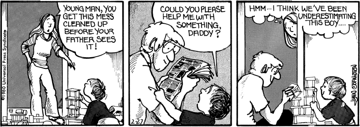 Michael manipulates John into playing with him so he doesn't have to clean up.