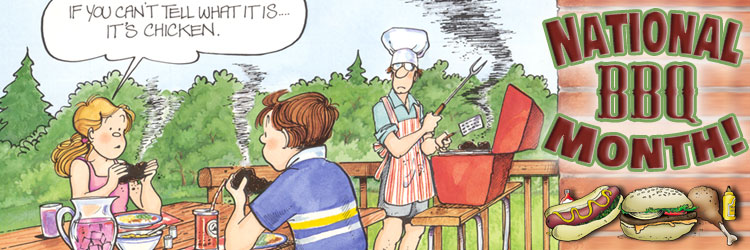 May is BBQ Month: John has burned the hamburgers.